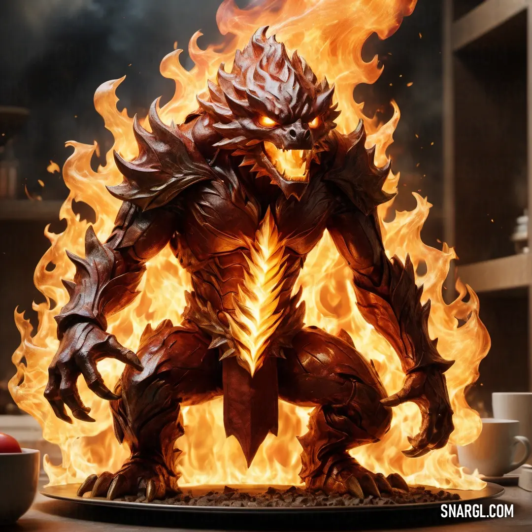 Statue of a Fire elemental with flames in the background