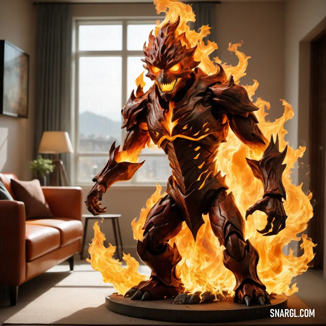 Statue of a Fire elemental with flames in a living room with a couch and a window in the background