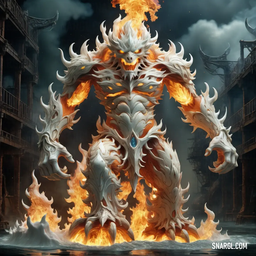 White fire Fire elemental standing in a dark city with flames coming out of its body