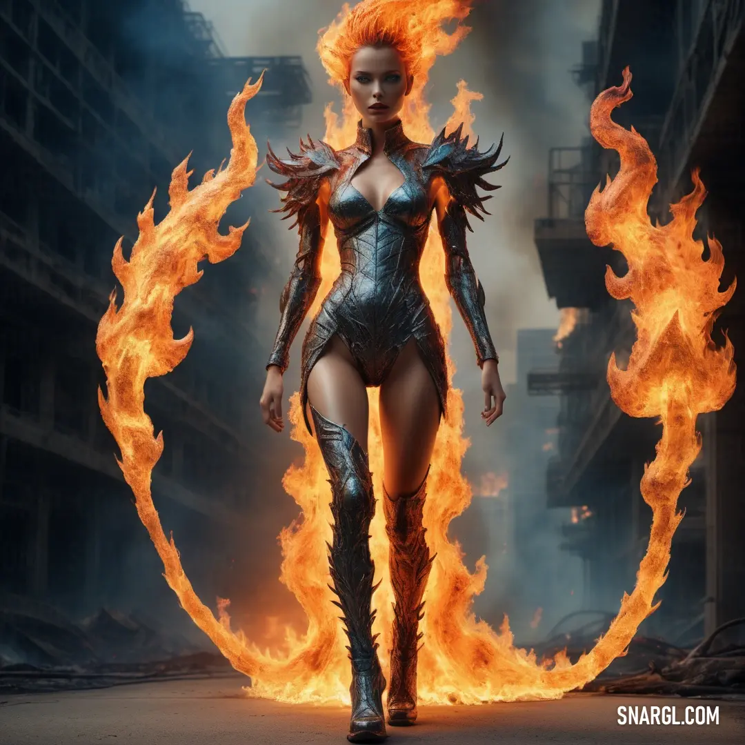 Woman Fire elemental in a bodysuit with flames in the background