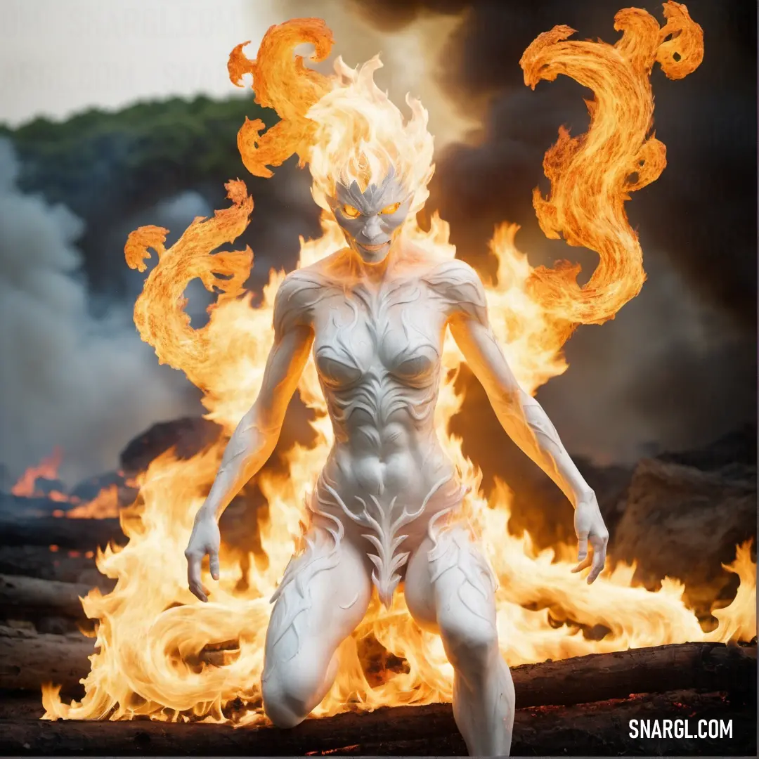 Woman Fire elemental with fire on her body and arms in front of a fireball