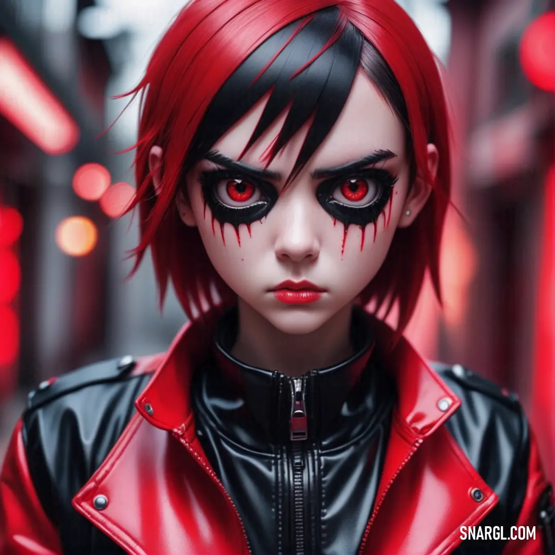 Close up of a person with red eyes and black makeup on their face and a red jacket on. Color #CE2029.