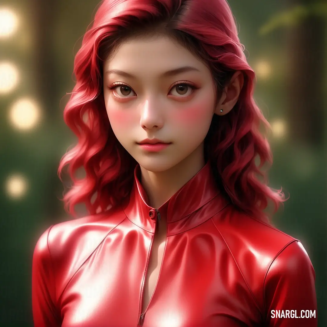 Digital painting of a woman with red hair and a red leather jacket on. Example of #CE2029 color.