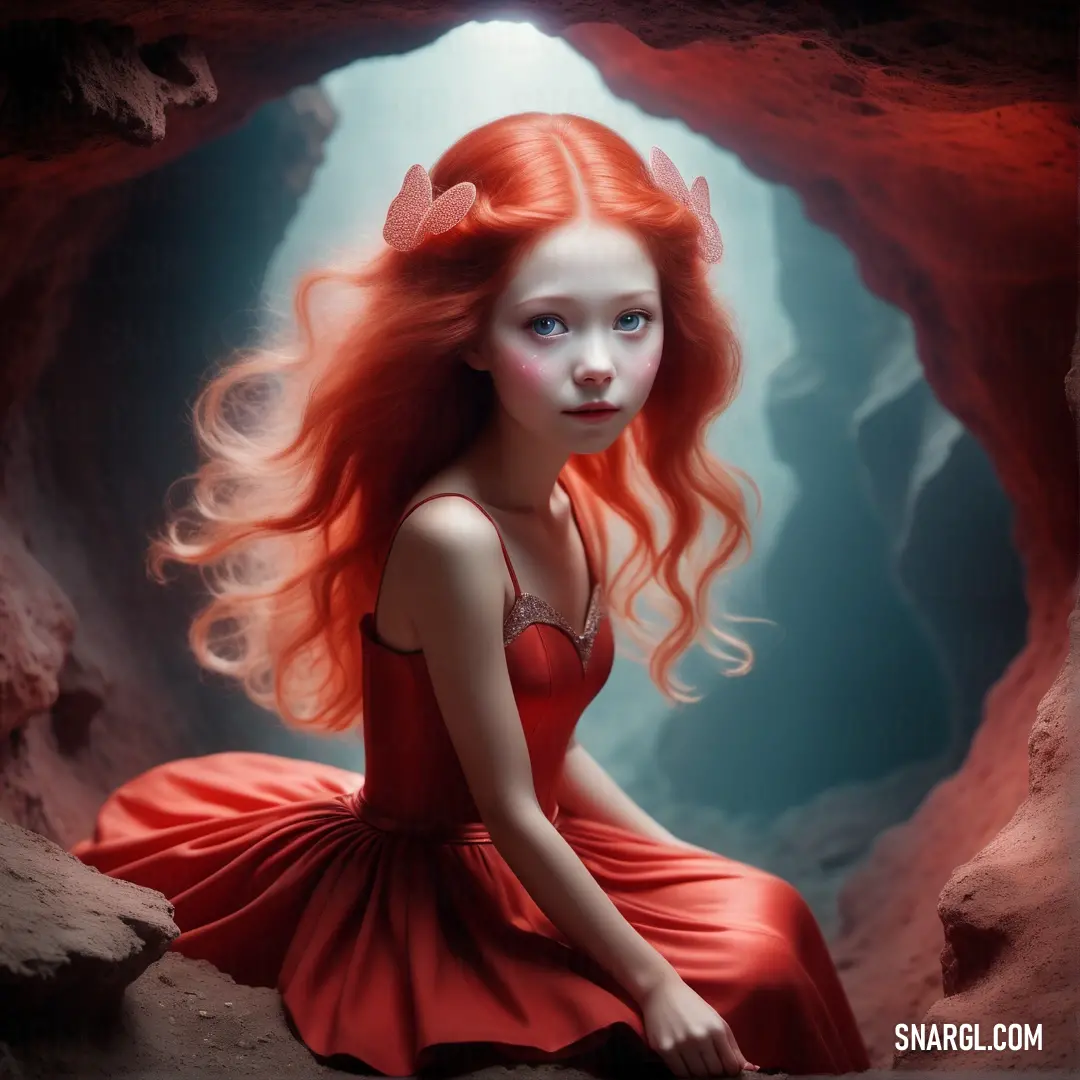 Girl with red hair in a cave with a red dress on. Color CMYK 0,84,80,19.