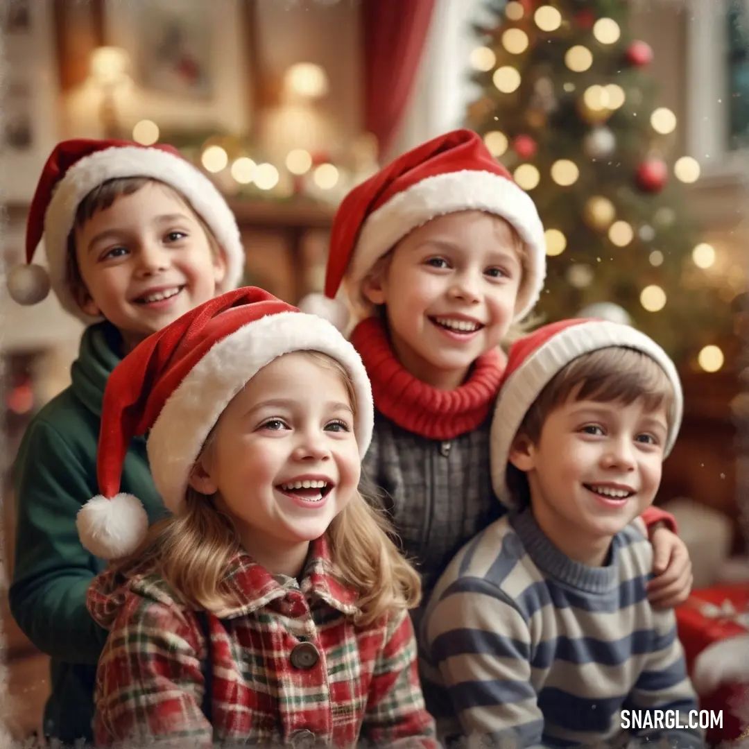Fire engine red color example: Three children wearing christmas hats and smiling for the camera