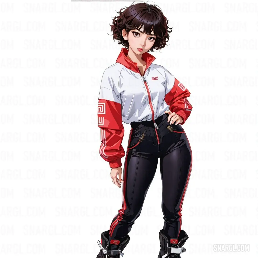 Woman in a red and white jacket and black pants with roller skates on her feet. Color Fire engine red.