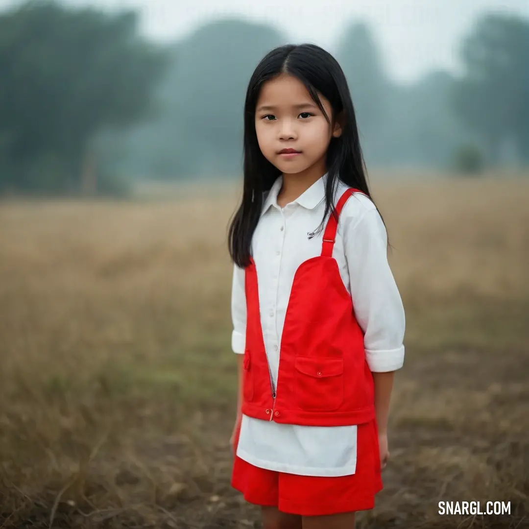 Fire engine red color. Young girl standing in a field with a red vest on her back and a white shirt on her shirt