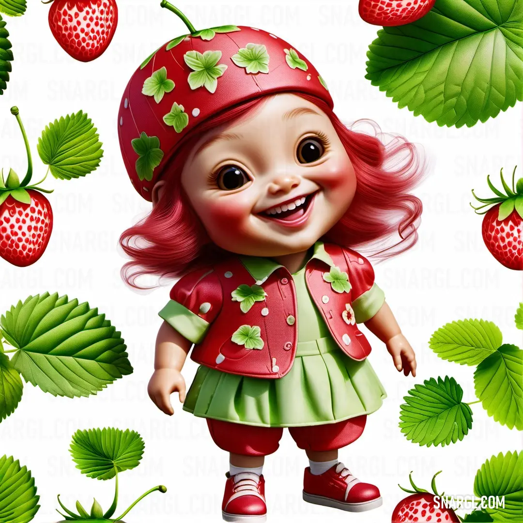 Little girl with a strawberry hat and green leaves around her head and smiling at the camera. Example of RGB 206,32,41 color.