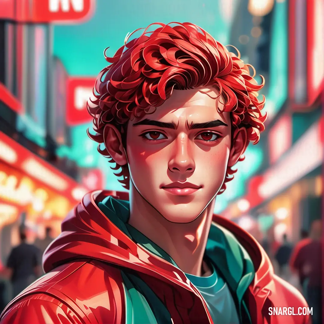 Man with red hair and a red jacket on a city street at night with neon lights in the background. Example of #CE2029 color.