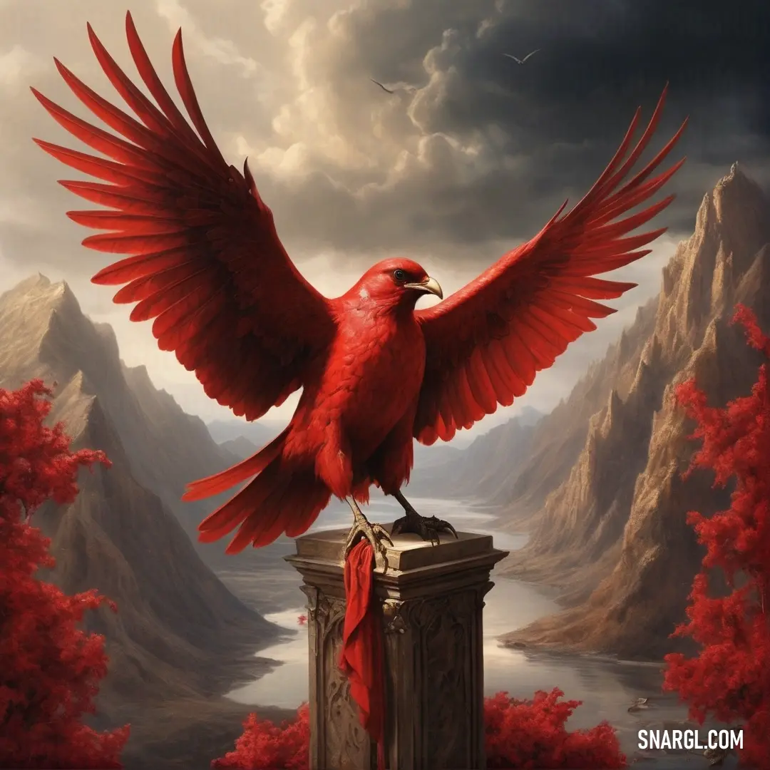 Red bird with its wings spread out on a pillar in front of a mountain landscape with red trees. Color RGB 206,32,41.