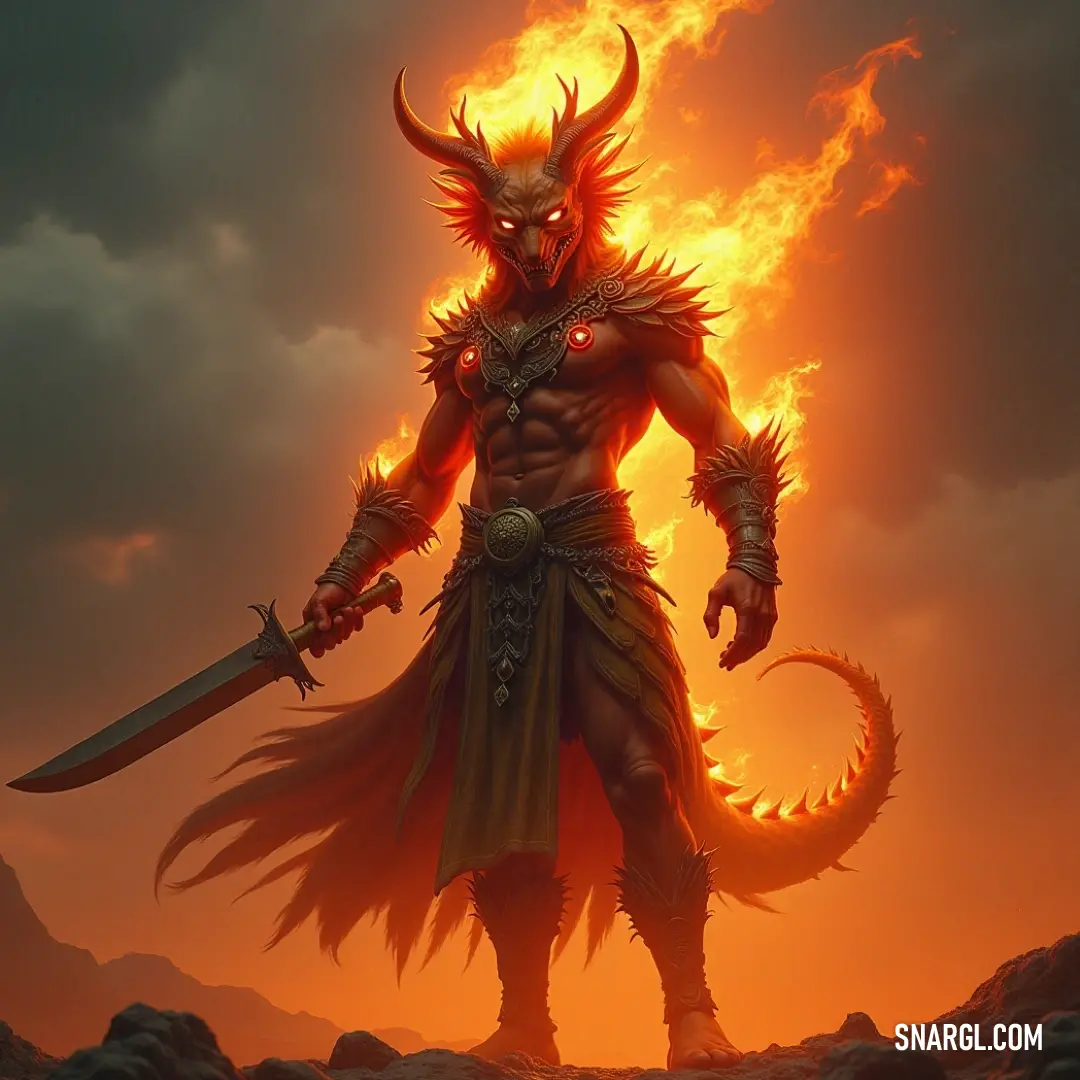 The Fire Monarch commands the horizon, her sword gleaming in the fading light, symbolizing courage and resilience in the heart of a breathtaking sunset. A majestic warrior adorned in fiery armor, stands regally against the breathtaking backdrop of a vibrant sunset, the clouds swirling in hues of orange and purple, sword held high, ready to face any challenge.