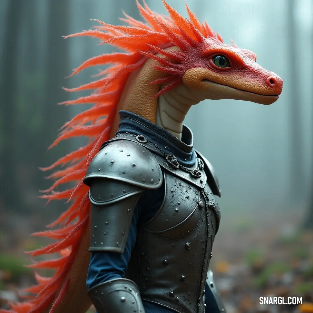 A fierce-looking toy fire salamander, featuring a bright red mohawk and armor, stands ready for action. The added leather jacket gives it an edge, making it a unique and powerful character. A toy fire salamander, adorned with a bold red mohawk and striking armor on its head and back, stands confidently in a stance of readiness. Its leather jacket adds a sense of toughness to its fierce look.