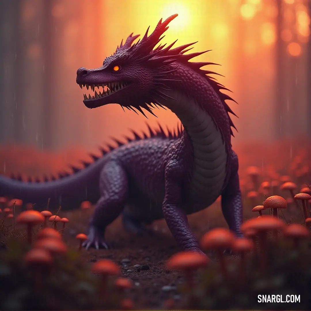 A Fire Wyrm with its mouth wide open, standing in a field of mushrooms. Sunlight filters through the trees, casting a soft glow on the fiery creature amidst the vibrant mushroom-filled scene.