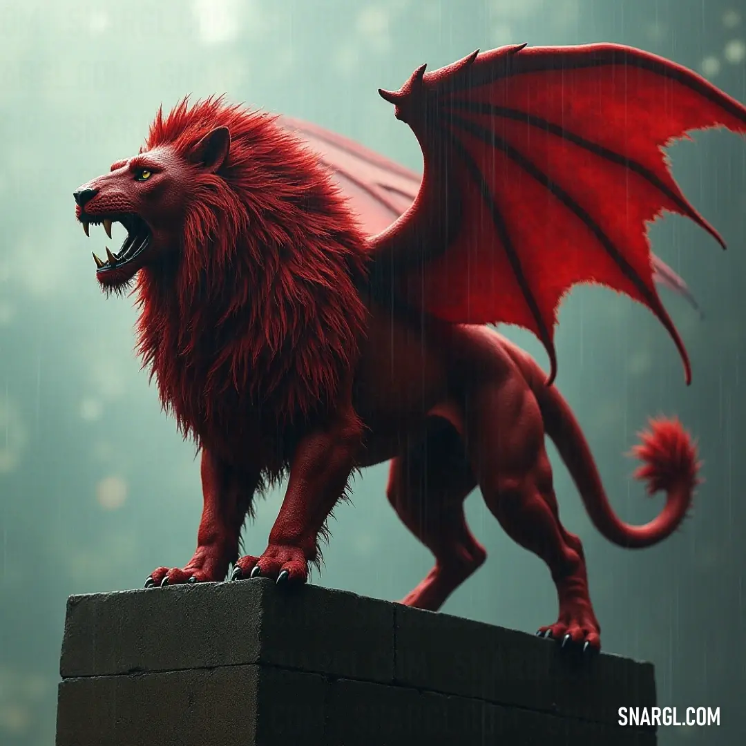 Intrepid Red Firefang Manticore statue, reigning over a brick wall in the rain. A striking Red Firefang Manticore statue commands attention atop a weathered brick wall, rain cascading down its fierce features while its wings are poised in an impressive display, adding drama to the scene.
