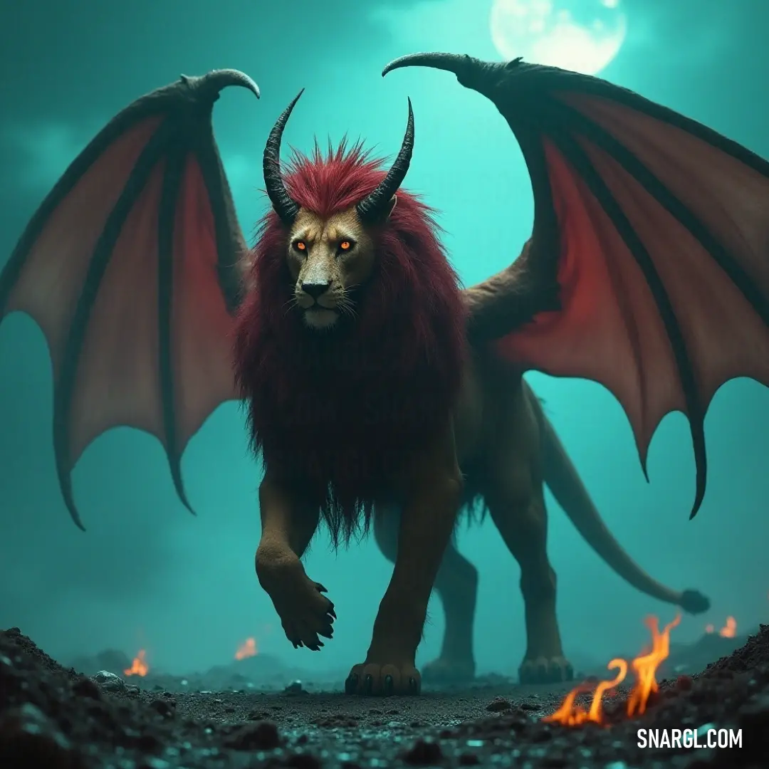 The formidable Red Firefang Manticore, with impressive horns, stands assertively in front of a roaring fire pit, flames dancing behind it, embodying strength, courage, and the spirit of the untamed.