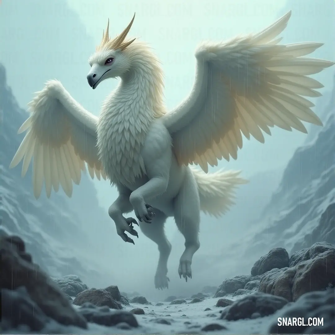 The mighty White Firefeather stands with wings unfurled in a serene, snow-covered world, with towering mountains and rocky outcrops creating a stunning backdrop. A majestic White Firefeather, wings spread wide, stands boldly against a breathtaking snowy landscape. Snow-capped mountains loom in the distance, while jagged rocks dot the frozen terrain beneath its feet.