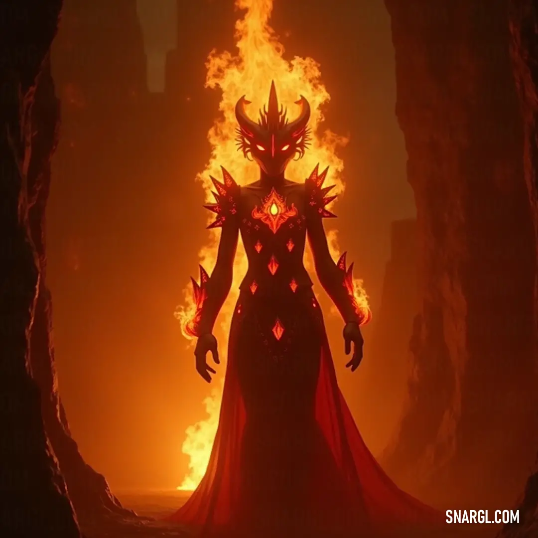 A Demonic Firelord stands in a dark cave, flames erupting from his face and hands, exuding an overwhelming sense of power and danger. A fearsome Demonic Firelord stands tall in a dark cave, flames swirling from his face and hands. His fiery aura radiates menace and power, creating an atmosphere of heat and danger in the cave's eerie darkness.