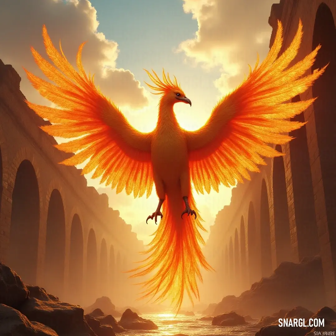 A vibrant winged creature with yellow wings flies gracefully over a river at sunset, with arching structures in the distance. The scene captures the calm and wonder of a sunset flight.