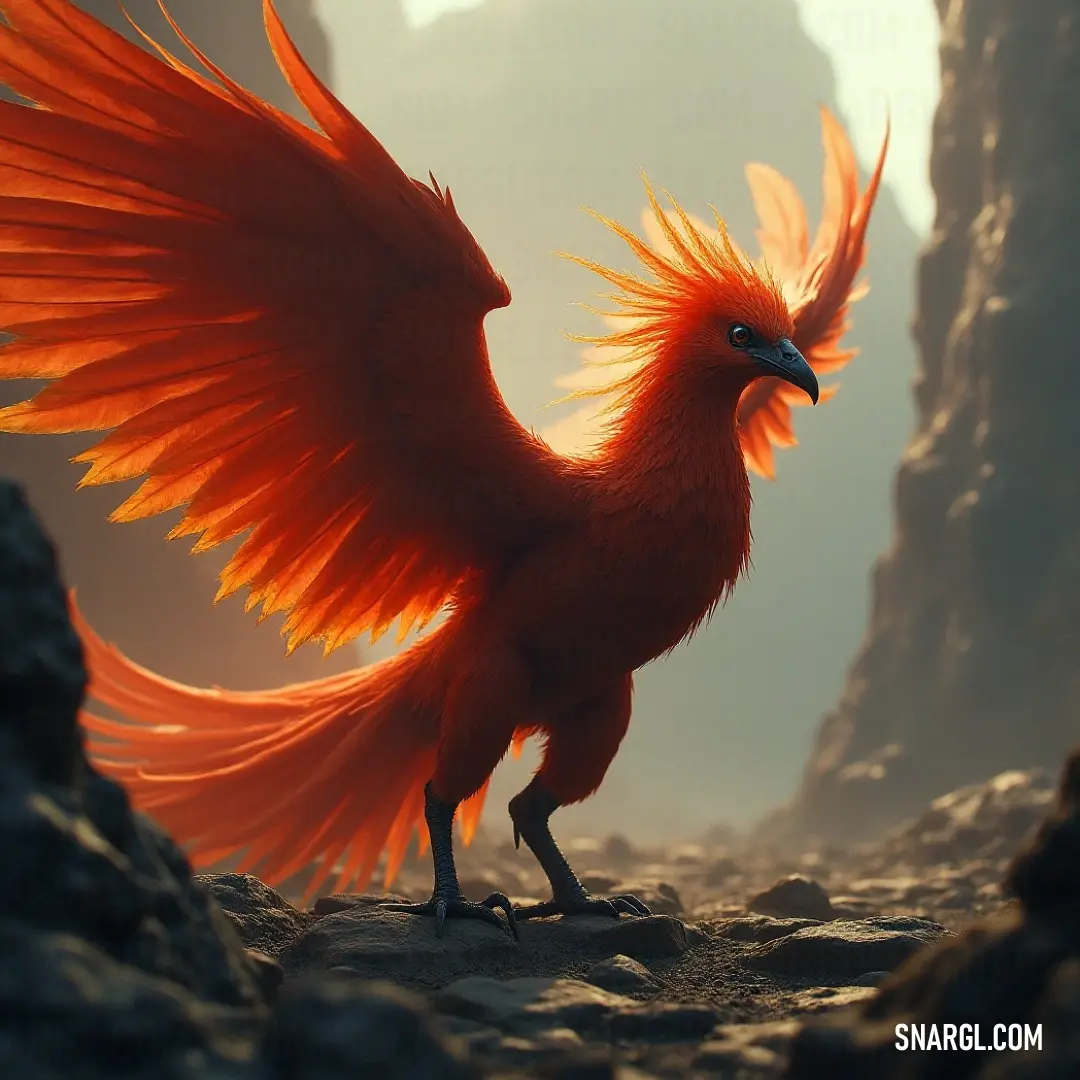 This fiery Firestorm, with its radiant orange plumage, commands the rocky landscape, framed by dramatic mountainous terrain that enhances its regal aura. A vibrant Firestorm with brilliant orange feathers stands defiantly on rocky terrain, its striking form set against a backdrop of imposing mountains that highlight its majestic presence.