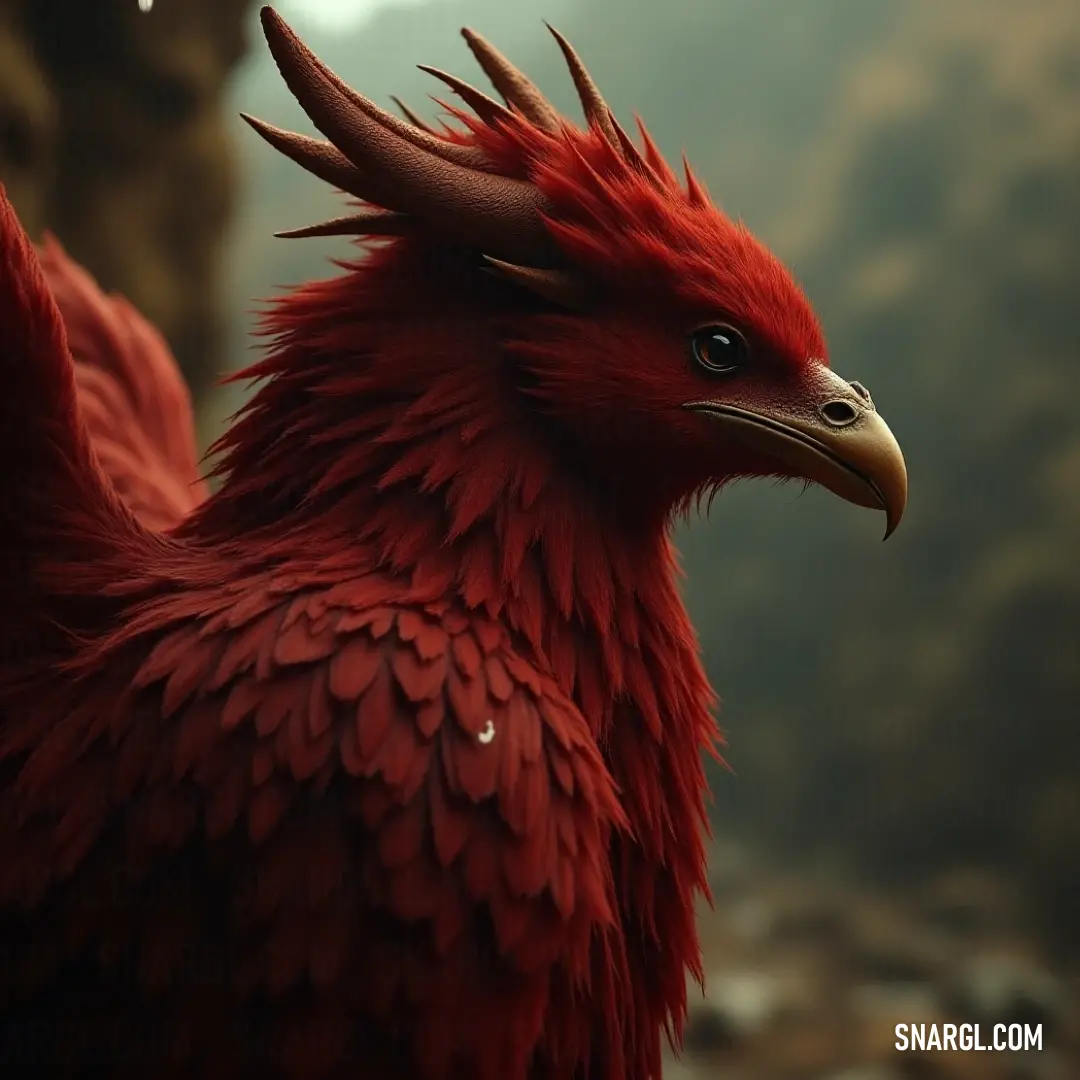 This striking red bird, featuring a long beak and tail, stands against a majestic mountain backdrop, enhanced by a bird-like Firestorm adorning its head, embodying the spirit of exploration. A vibrant red bird with an elongated beak and flowing tail gazes over a distant mountain range, its vibrant feathers and the fiery bird-like Firestorm atop its head radiating a sense of adventure and bravery.
