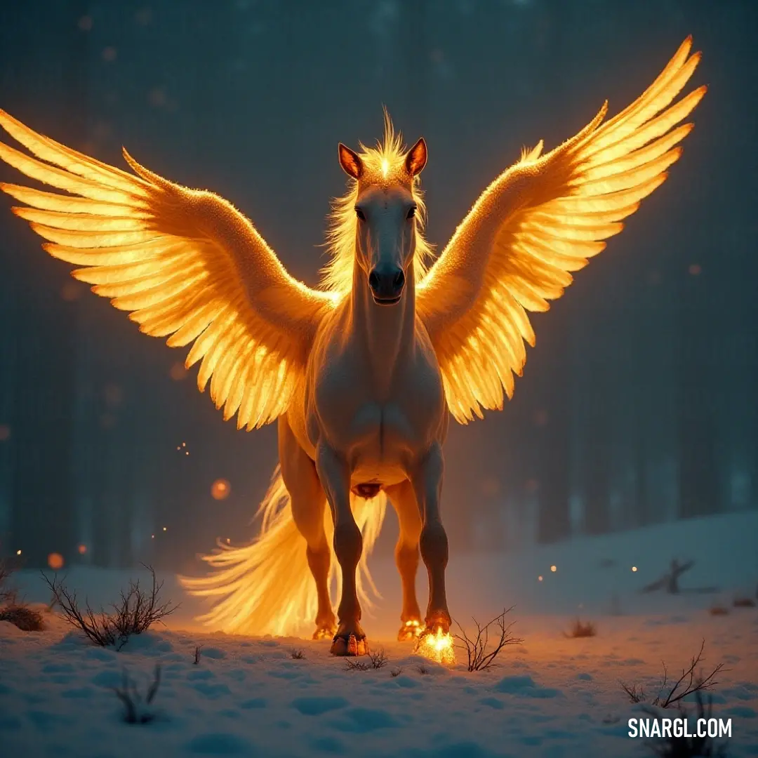 A stunning White Firestrike stands in pristine snow, its wings gracefully positioned as a soft glow lights its face, highlighting its elegance against the winter backdrop.