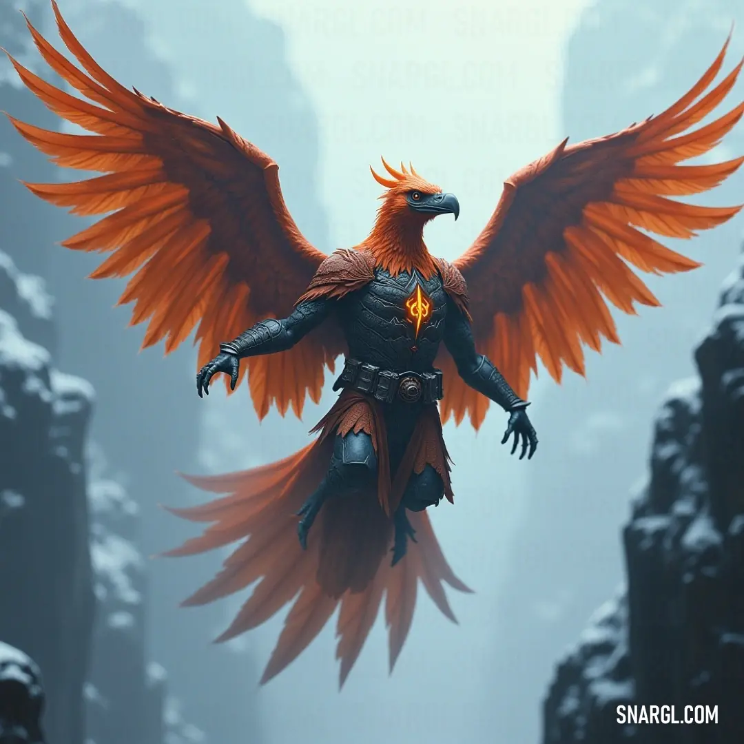 Firewind Garuda with vibrant orange wings stands amidst a snowy scene with towering mountains, contrasting with its fiery presence. A Firewind Garuda with striking orange wings stands in a serene, snowy landscape, towering against the backdrop of majestic mountains. Its wings ripple in the cold wind, bringing life to the frozen environment.
