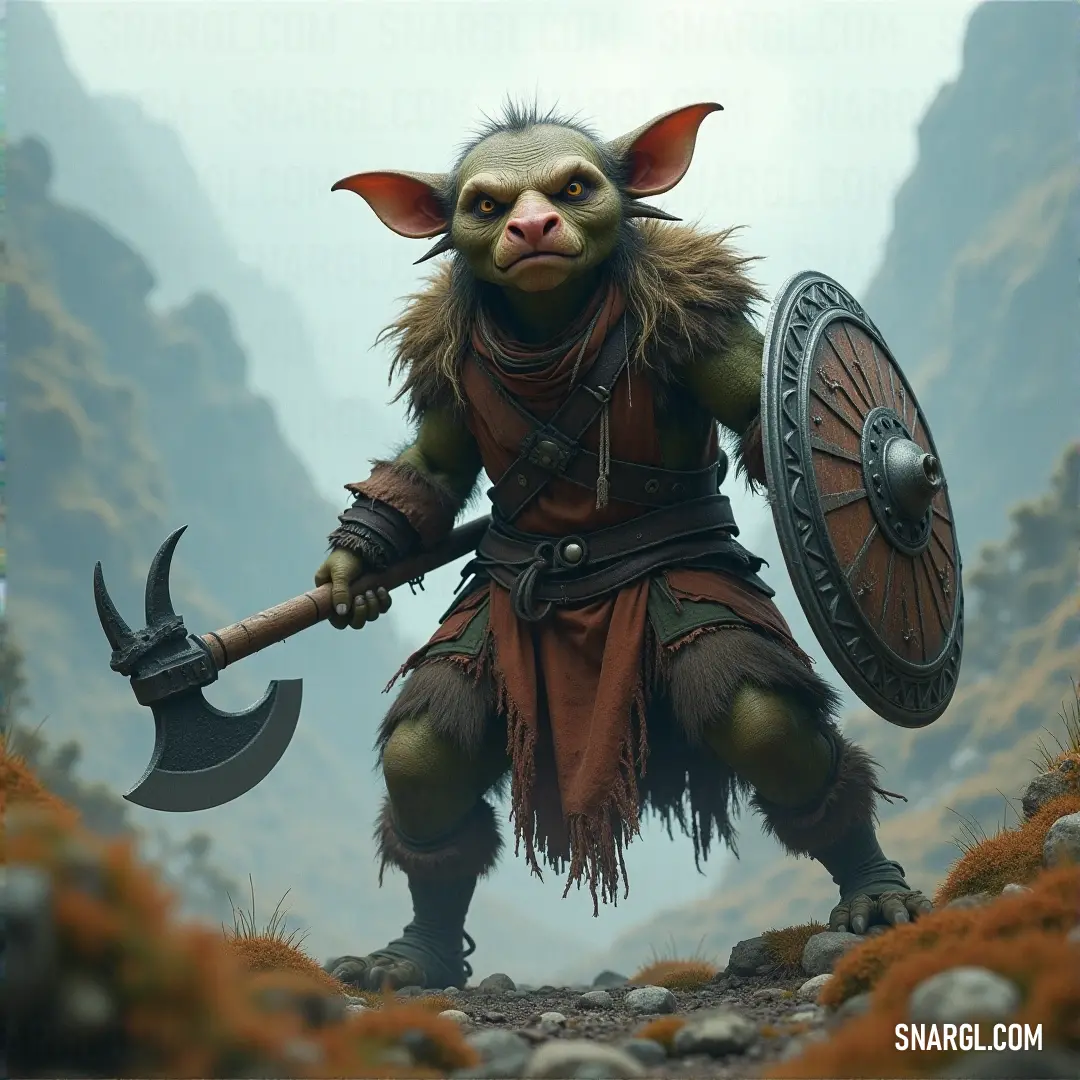 Firk, his horned face a striking feature, stands in a fantastical setting, holding a massive axe in one hand and a shield in the other. The setting is otherworldly, with hints of magic and danger in the air as Firk stands prepared for any battle that may 