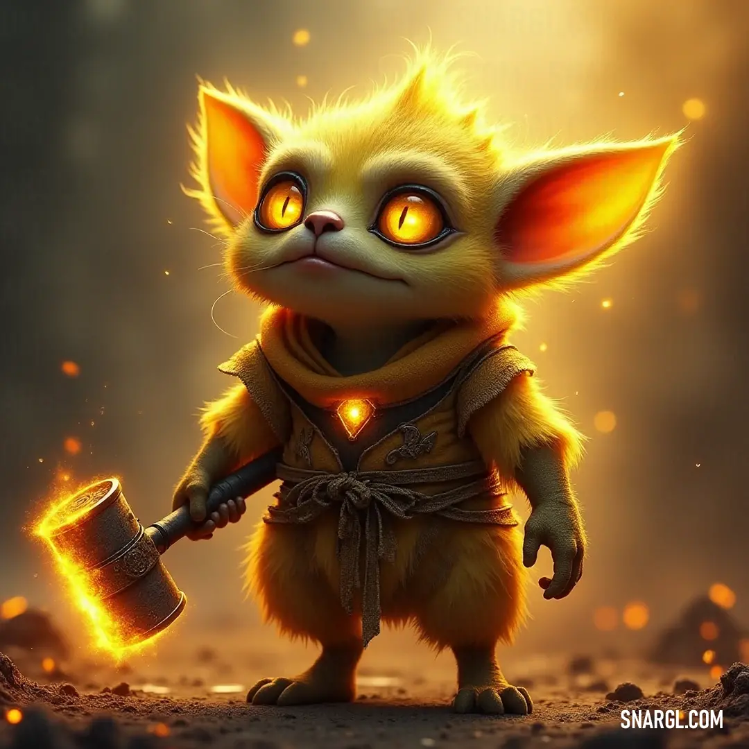 A mysterious figure named Fizz, radiating a magical glow in his eyes, grasps a fiery canister with delight while wearing a vibrant hat that illuminates the dark surroundings, making the scene feel enchanting and thrilling.