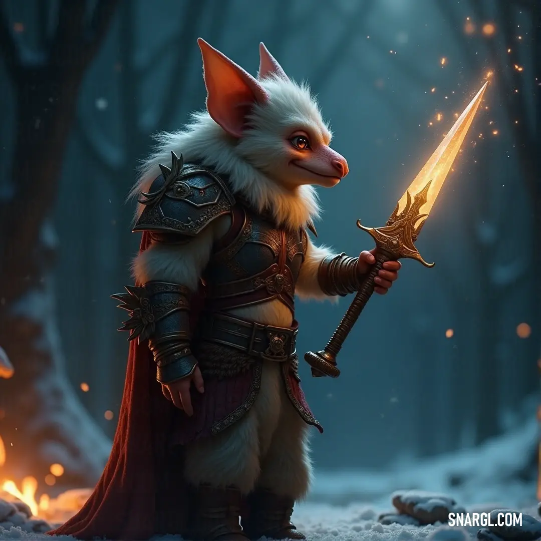 Furry Fizzle, holding a gleaming sword, stands confidently in a snowy forest under the cover of night, bathed in the glow of a mysterious light behind it.