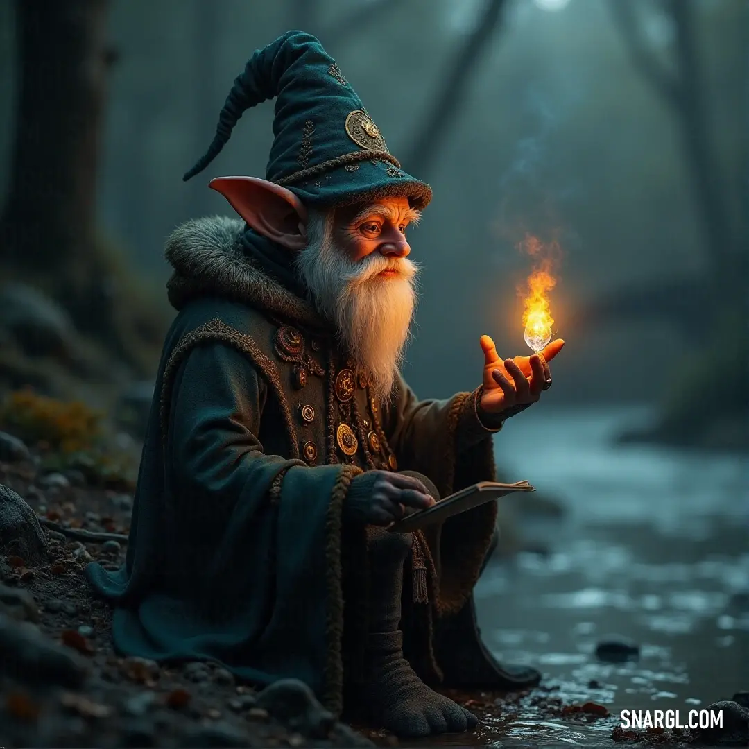An ancient wizard on a rocky outcrop, holding a lit candle in the cool evening air, with a tranquil stream flowing in the background, shrouded in mystery. A wise old wizard stands confidently on a jagged rock, holding a flickering candle in one hand as a serene stream flows gently behind him, surrounded by the mist of the mountains and the twilight sky.