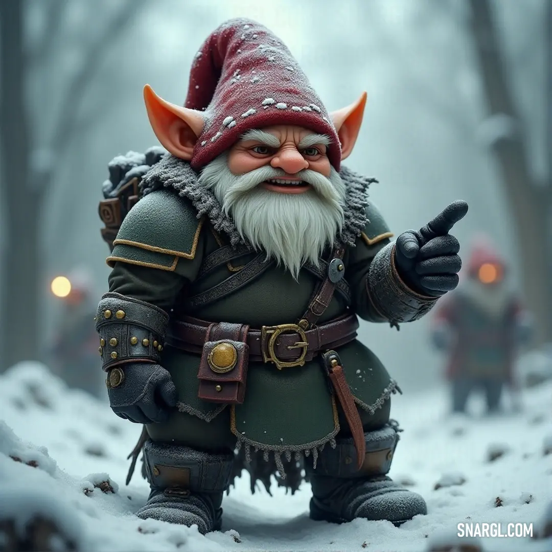 A statue of Fizzlewip, adorned in a red hat and green outfit, stands frozen on a snowy surface. The trees in the background add a tranquil touch to the scene, enhancing the mystical feel of the moment.