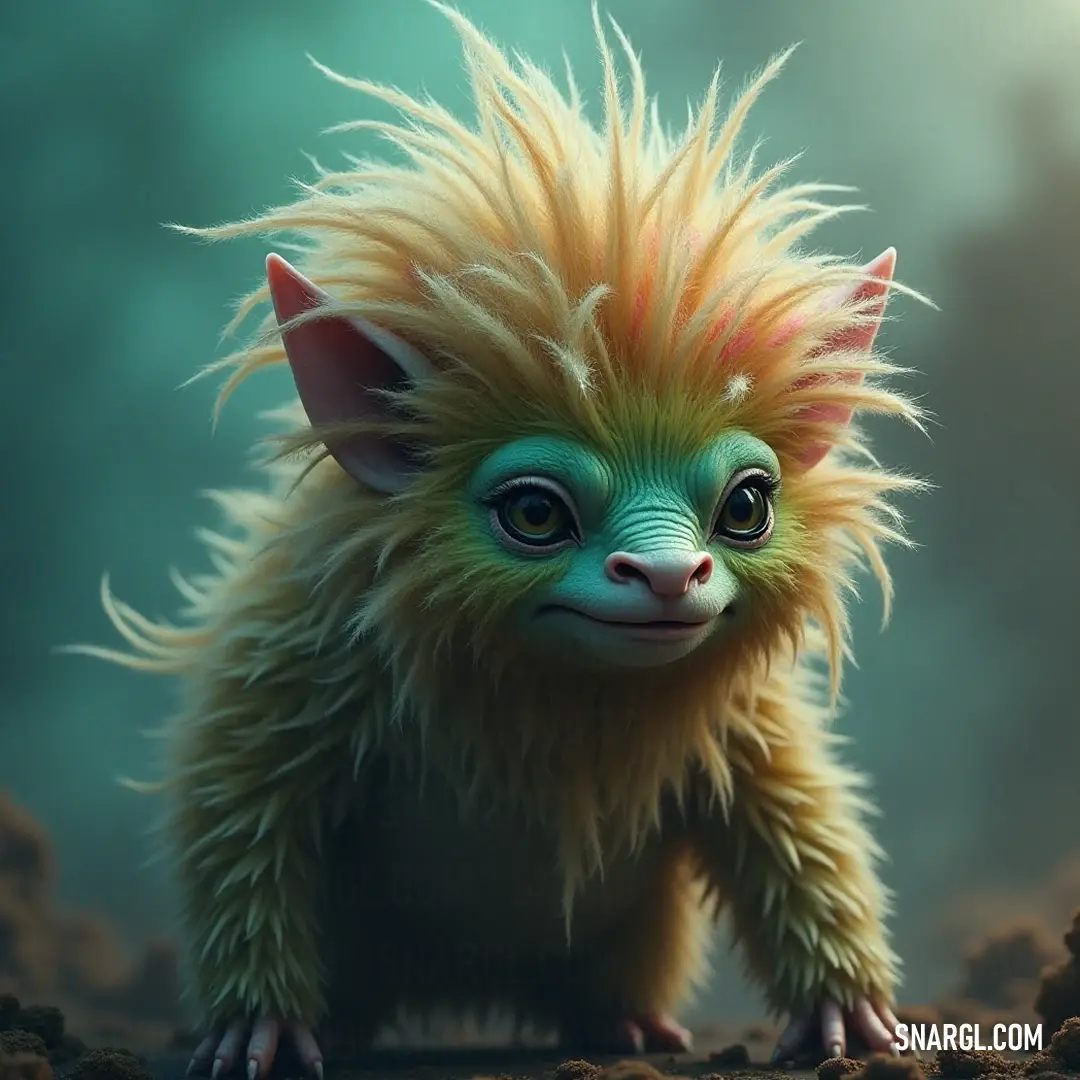 A whimsical Fizzpop stands in dirt with its long hair blending into a vibrant green backdrop, showcasing nature's beauty and playful charm. A whimsical Fizzpop with lush, flowing fur stands proudly amidst earthy dirt, its long hair gracefully blending into the vibrant green background, evoking feelings of nature's serenity and playful charm.