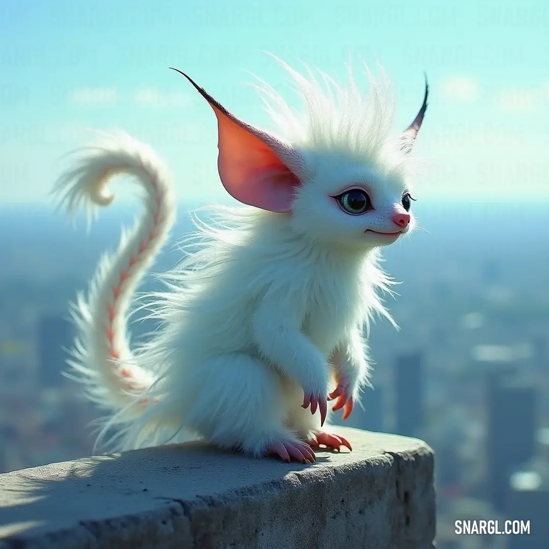 A fluffy white Fizzpop sits atop a stone wall, overlooking a bustling cityscape, showcasing a blend of whimsy against an urban backdrop. A fluffy white Fizzpop perched delicately atop a stone wall looks out at a sprawling cityscape, capturing the harmonious blend of urban life and playful bursts of whimsy in its fluffy form.