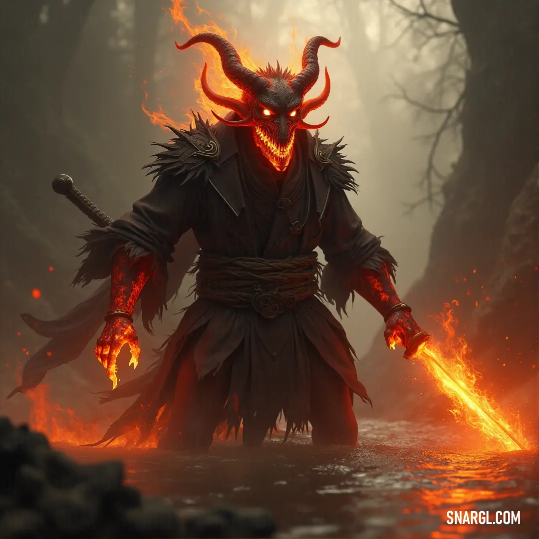 Flame Fiend with Fire in Hands Standing in a River of Water A horned fiend, with flames crackling in its hands, stands in a river of water. The contrast between the fiery power it wields and the coolness of the river beneath its feet creates a surreal and dangerous aura.