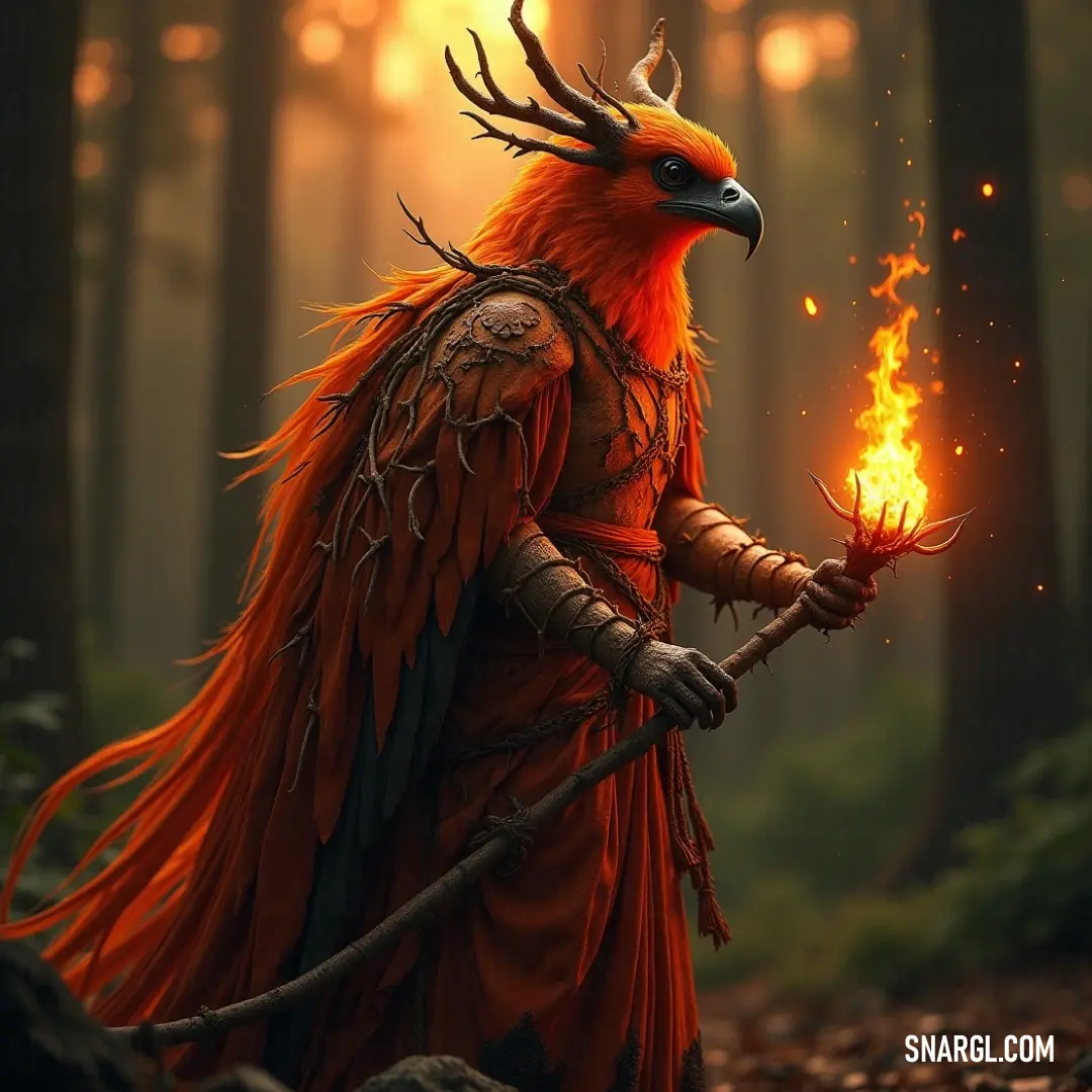 Flame Garuda amidst a fiery forest, holding a stick with grace, radiating warmth and vibrant energy. In a forest ablaze with vibrant colors, the Flame Garuda holds a stick in its beak, radiating an aura of fiery elegance and commanding presence, amidst swirling flames that dance through the trees.