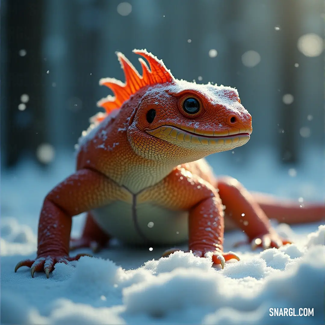 A red and orange lizard in the snowy landscape, its vibrant colors standing out against the cold, snowy backdrop, adding a touch of warmth to the frozen scene. A red and orange lizard stands in the snow, its colorful body stark against the white snowflakes that dust its legs and head. The contrast between warmth and cold creates a striking visual.