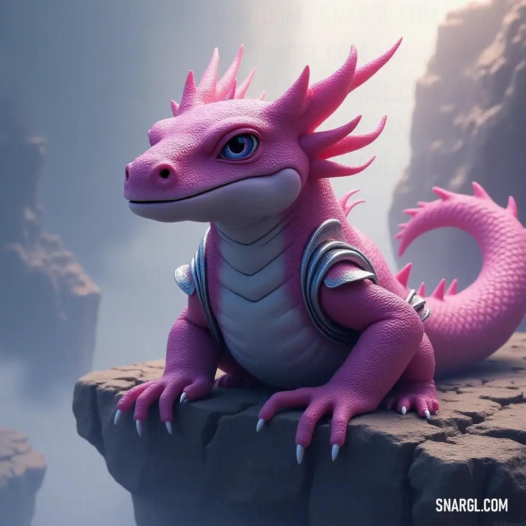 A pink Flame Salamander sits on a rock in a fantasy setting, with a bright sky adding to the mystical ambiance. A pink Flame Salamander perched on a rocky outcrop in a fantastical landscape. The background showcases a vibrant sky, enhancing the mythical feel of the scene as the salamander’s scales shimmer in the light.