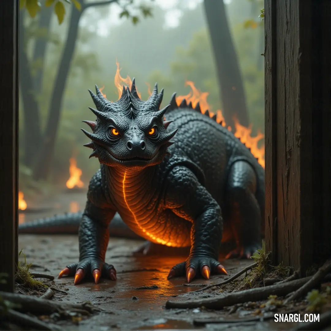 A toy Godzilla stands menacingly in a doorway, flames shooting from its mouth and eyes, evoking a sense of destruction and chaos in its surroundings. A fierce toy Godzilla stands in a dark doorway, its mouth and eyes glowing with intense flames, creating an atmosphere of destruction and power. The figure is ready to unleash havoc as fiery blasts light up the surroundings.