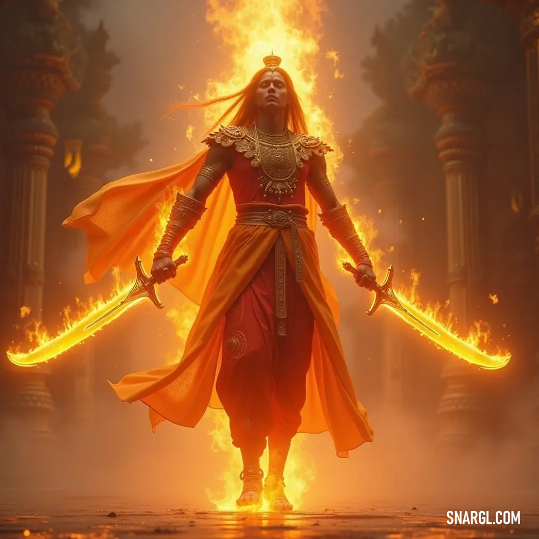 The Flame Titan stands heroic and defiant, her sword ready, surrounded by flaming chaos that emphasizes her strength and fearlessness. A valiant Flame Titan, clad in striking red attire, wields her sword boldly amidst an explosive backdrop of flames, representing fierce determination and unyielding spirit.