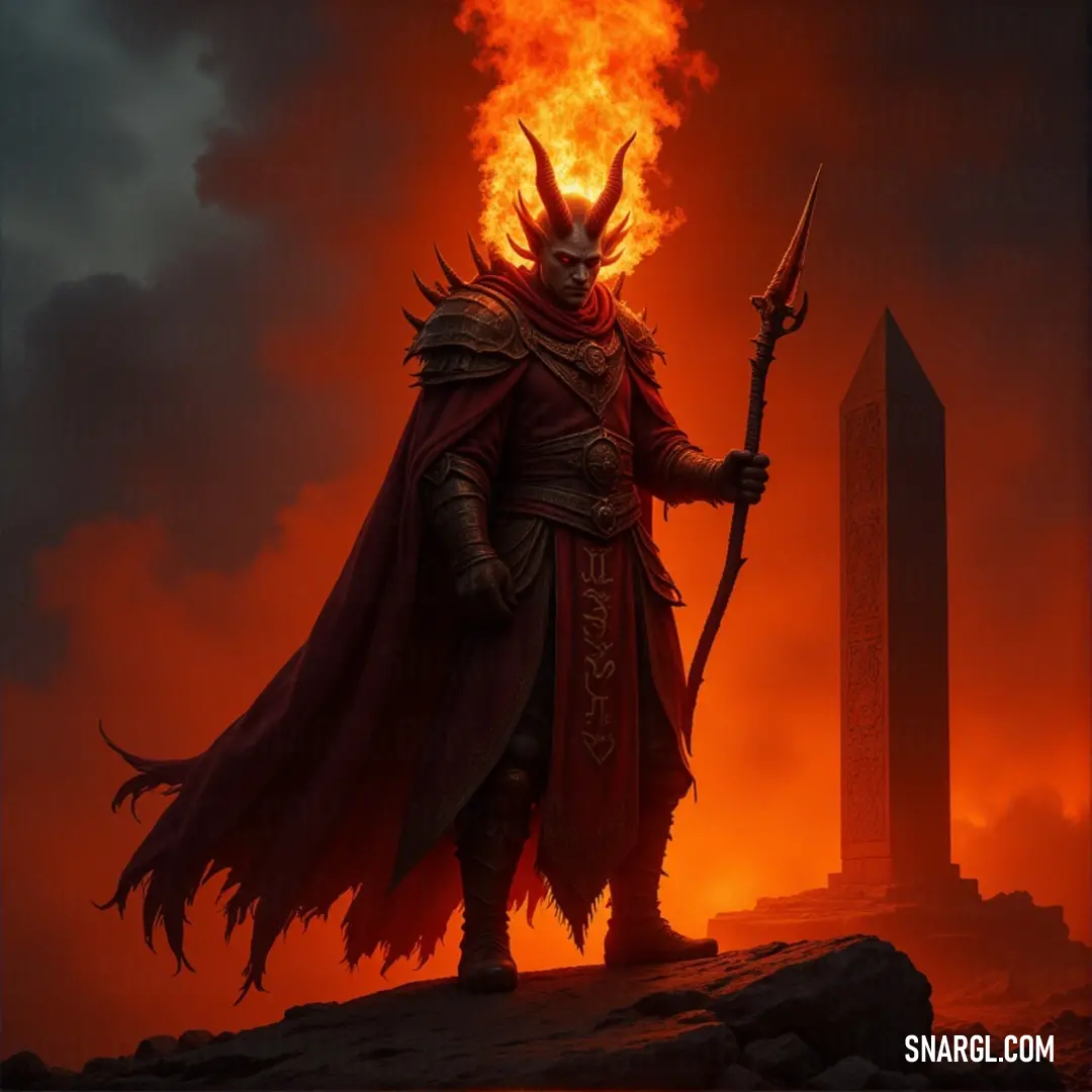 Demonic Flame Warden Standing on a Rock with Fire and a Towering Building A fearsome demon warrior, holding a staff with a blazing flame in one hand, stands on a rock overlooking a grand structure. The fiery glow illuminates his menacing figure, as the towering building looms in the background.