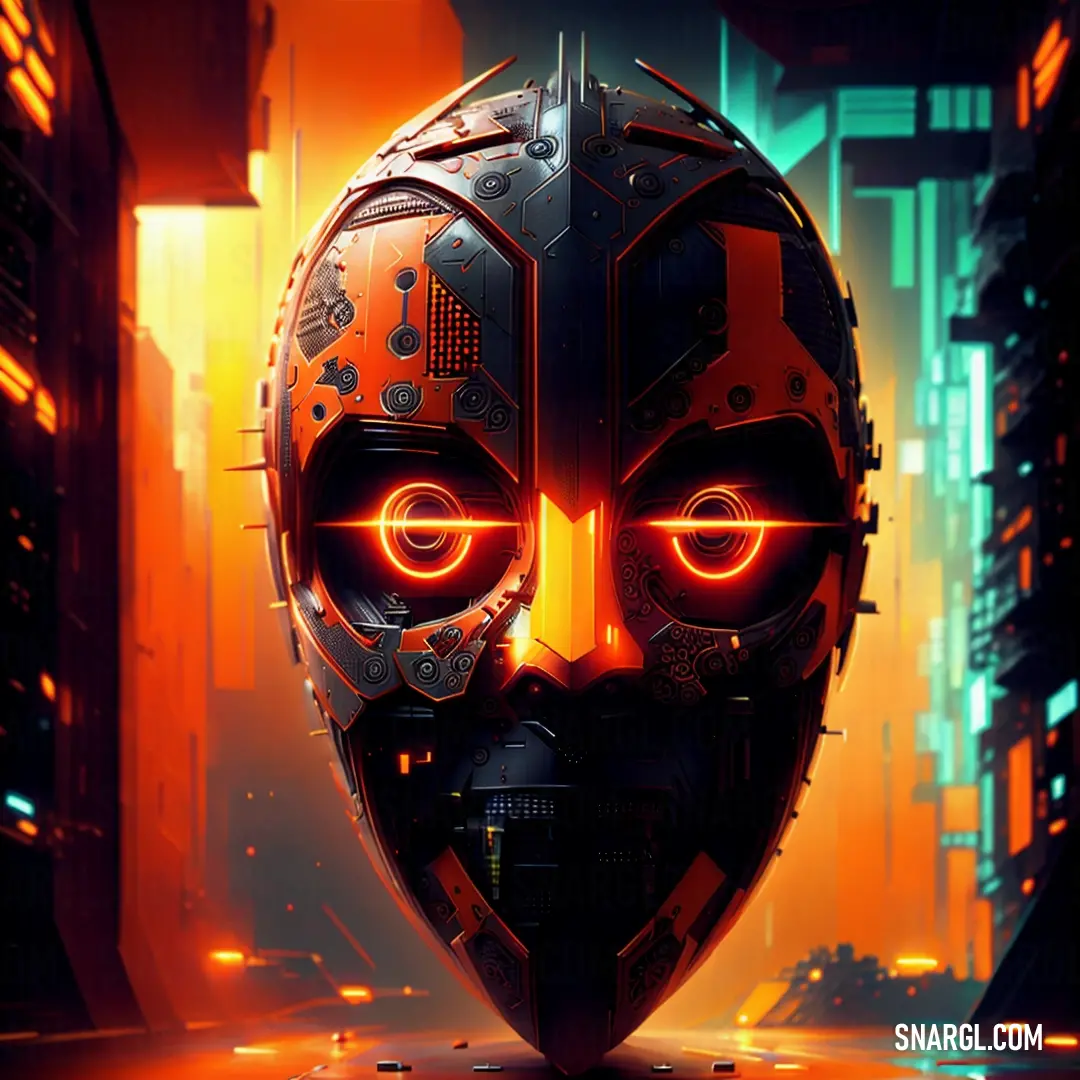 Futuristic mask with glowing eyes and a glowing face in the middle of a city at night with neon lights