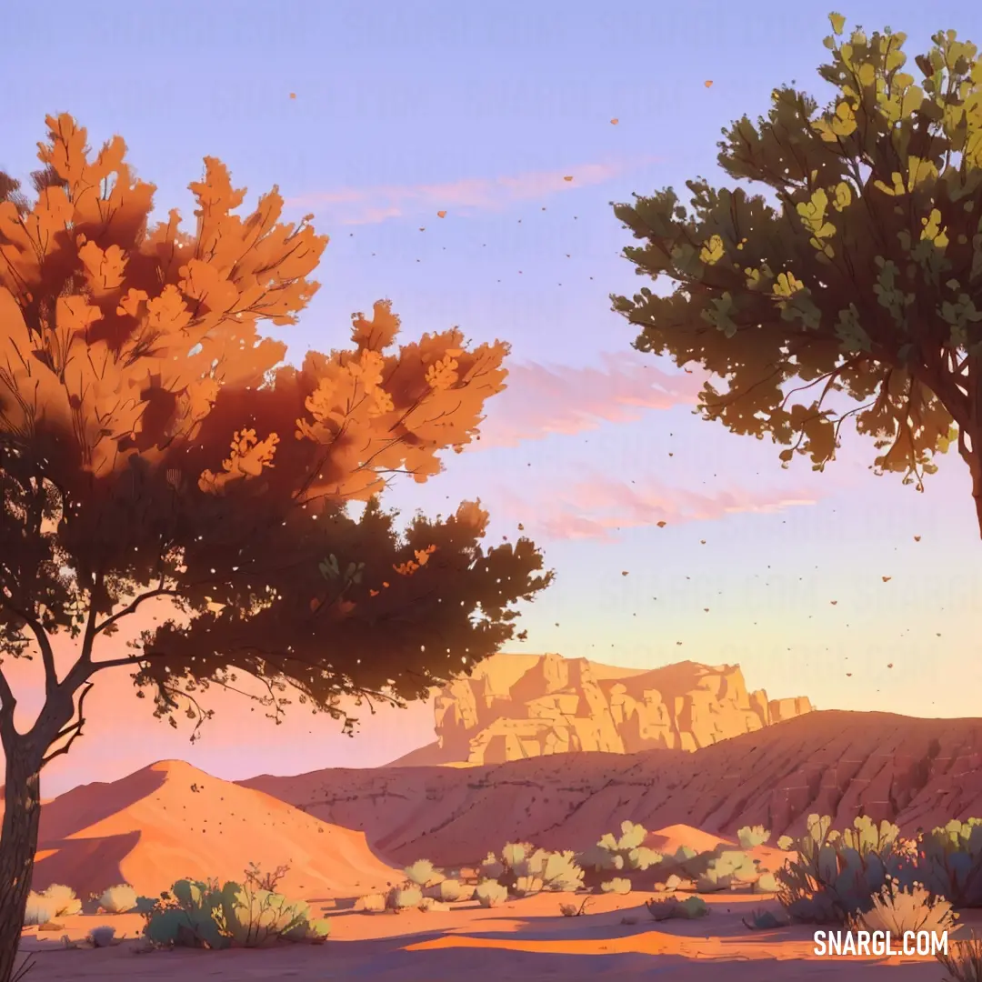 Painting of a desert scene with trees and mountains in the background and a sunset in the distance with tiny dots of light