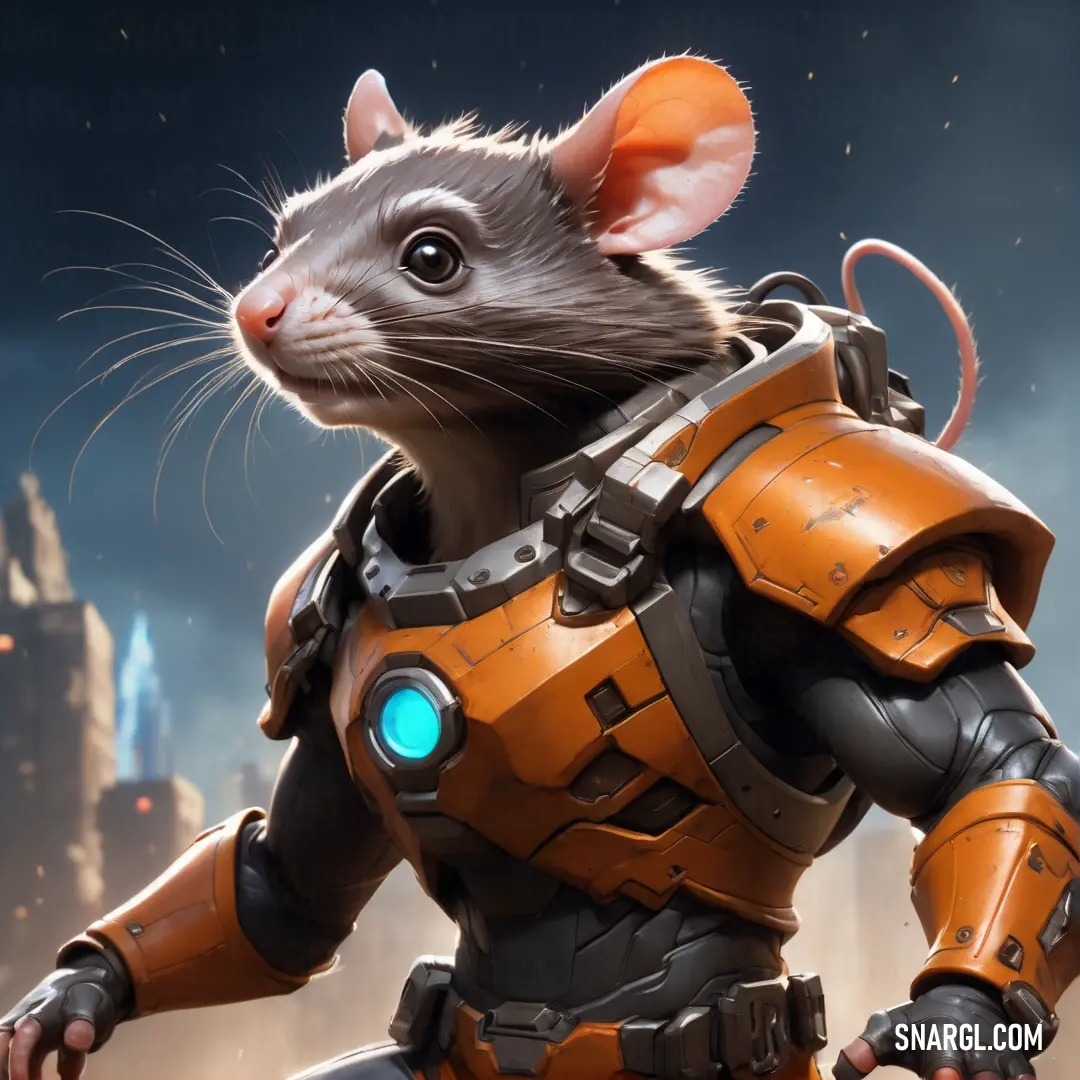 Rat in a suit with a glowing eye and a helmet on it's head