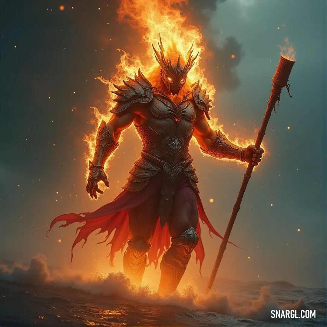 A flameborn figure, staff in hand and fire atop his head, stands in serene waters, balancing the elements of fire and water with an ethereal grace. A flameborn warrior, wielding a fire staff with a blazing fire on his head, stands in the tranquil water, a striking contrast to the chaos of the flames surrounding him. His presence is commanding, a force of nature.