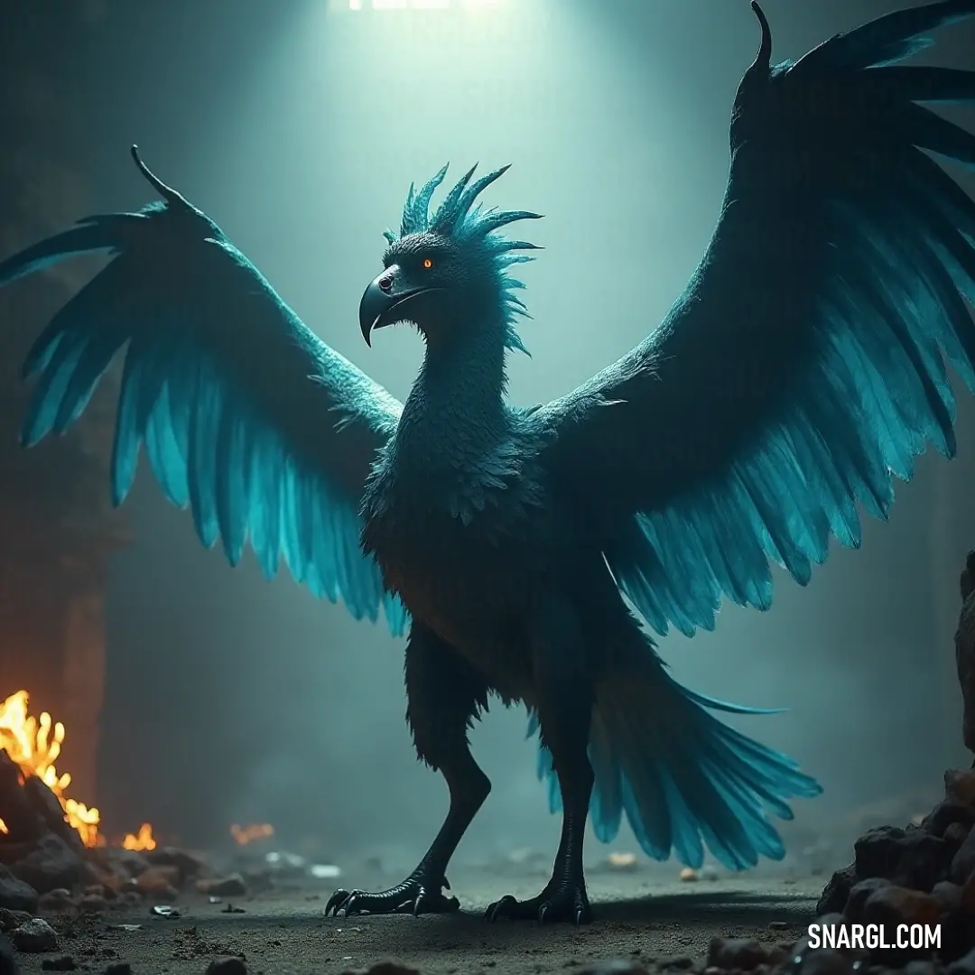 A Flameclaw with vibrant blue feathers spreads its glowing wings on a rocky landscape, radiating an otherworldly energy as the darkness surrounds it. A Flameclaw with striking blue feathers stands on a rocky terrain, its wings unfurled and glowing with an ethereal light, casting an awe-inspiring presence in the darkened landscape.