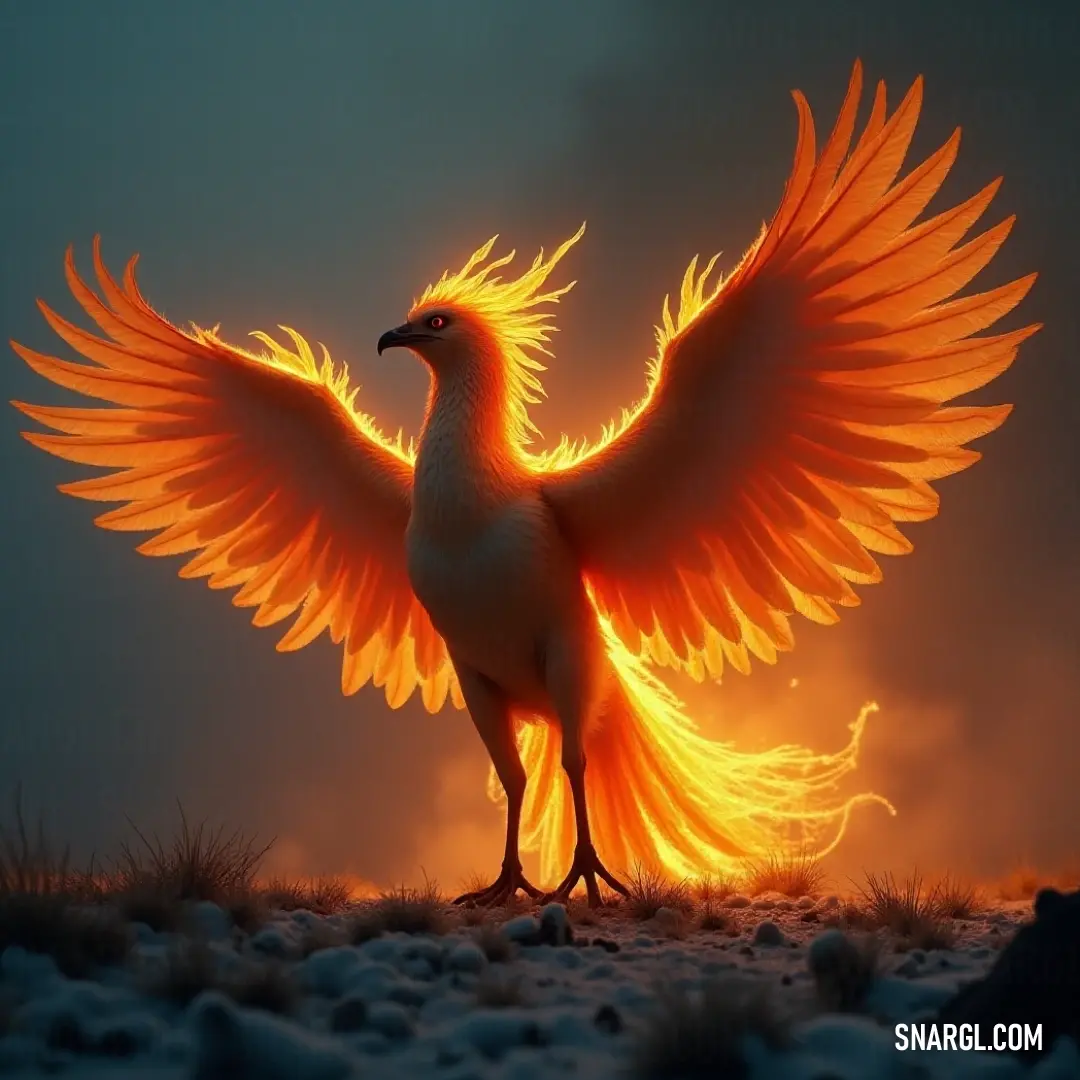 A striking Flamecrest with vivid orange wings perched on a field, set against the backdrop of a serene sky, embodying the freedom of the open air. A Flamecrest bird with vibrant orange wings stands proudly on a lush field, framed by a clear sky above. The bright colors of its wings contrast beautifully with the green grass, making for a striking image of nature’s elegance.