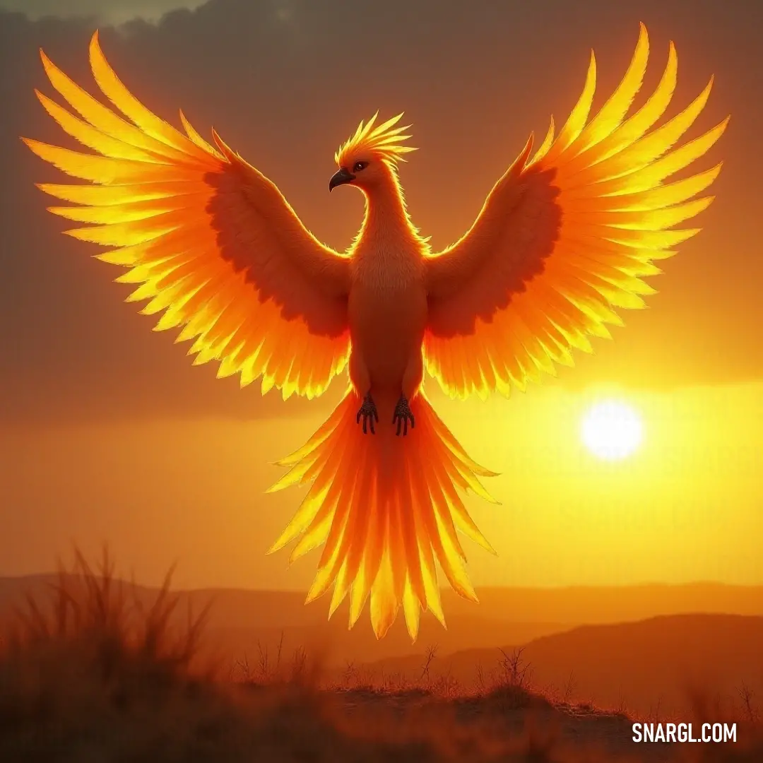 A majestic creature, Flamefeather, soars through the sky with vibrant yellow wings, gliding gracefully against the backdrop of a breathtaking sunset or dawn, its wings glowing like fire in the golden light.