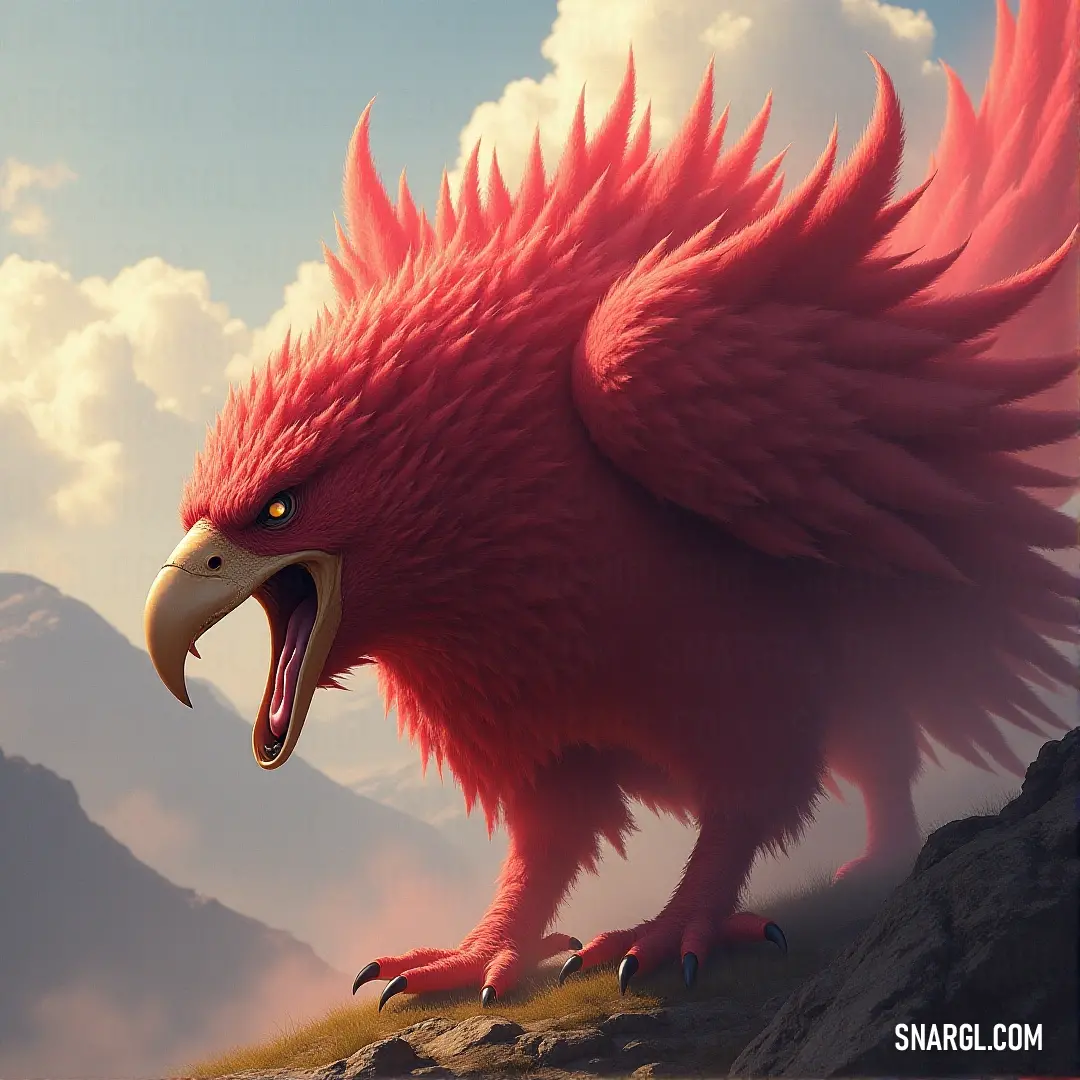 A red bird with a massive, elongated beak stands in vivid contrast to its surroundings, its form striking and dynamic as it commands the attention of all who gaze upon it. A fiery red bird with a large and long beak stands tall, its form almost larger than life. The repetitive pattern of its long beak adds to its intense, almost surreal presence, making it a creature that commands attention wherever it goes.