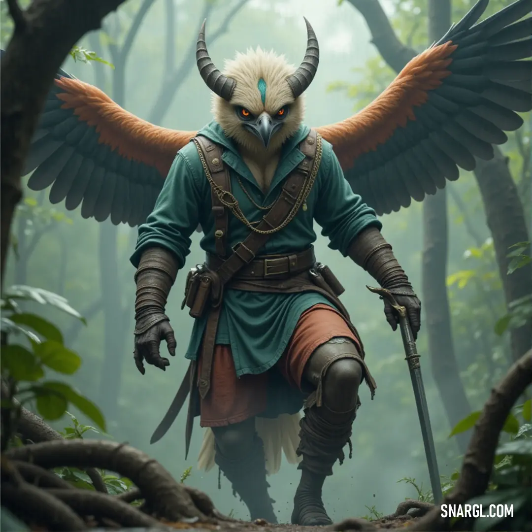 Flamefeather Garuda, a striking figure with a horned head, holds a sword as his wings stretch wide. A bird perches on his shoulder, and he stands tall in a forest, exuding strength and mysticism.