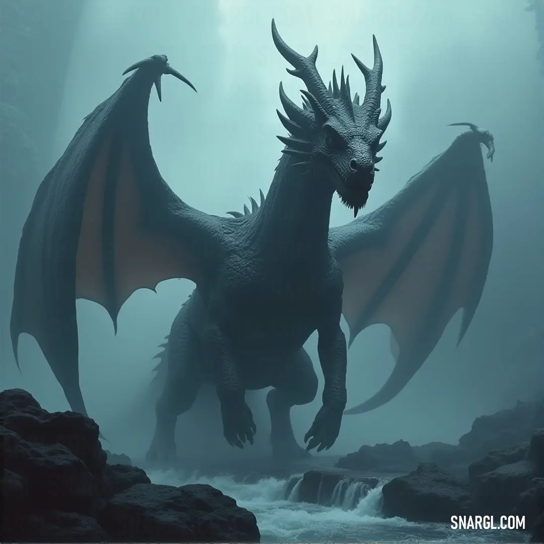 Flameheart with large wings standing in a flowing river, surrounded by rocks and water, with a peaceful landscape in the background. Flameheart, with immense wings spread wide, stands in a river. The surrounding rocks glisten in the water, while the distant landscape creates a sense of tranquility contrasted by the creature's imposing presence.